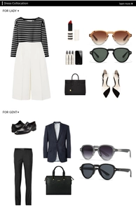 Flat lay of retro round sunglasses styled with elegant striped fashion outfits