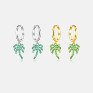 Palm Tree Pendant Hoop Earrings 925 Sterling Silver Green Zircon Tropical Summer Holiday Beach Jewelry For Women