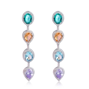 Elegant drop earrings featuring colorful geometric crystals with micro-pave zircon borders