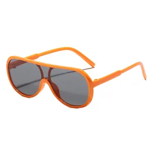 Retro pilot oversized one-piece sunglasses with orange frame and grey lenses