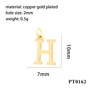 Detail view of a 10mm gold plated copper letter H charm with specifications and dimensions