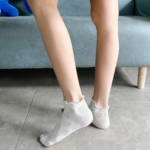 White ruffle ankle socks with heart pattern knit breathable mesh cotton fabric