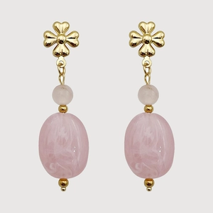 Boucles D'oreilles Pendantes En Pierre Naturelle Rose Acier Inoxydable Fleur Dorée Bijoux Élégants Pour Femmes