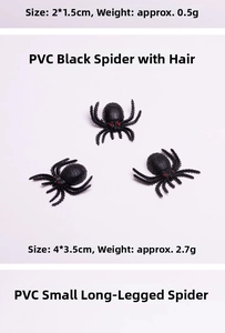 Detailed view of two PVC Halloween spiders with size and weight measurements in cm