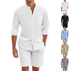 Detail of white linen button-down shirt and shorts with color options matrix