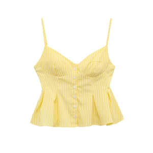 Detail of yellow and white striped camisole top with thin straps and button front