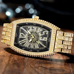 Tonneau Men Quartz Watch Iced Out Full Rhinestone Luxury Fashion Compass Dial Luminous Stainless Steel Male Timepiece