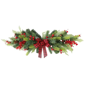 Artificial Christmas wreath with red berries, pine cones and a buffalo plaid bow