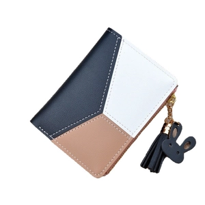 Short tri-color patchwork leather wallet for women with zipper and rabbit tassel charm