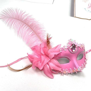 Pink feather party mask with floral details and sequins for Halloween performances