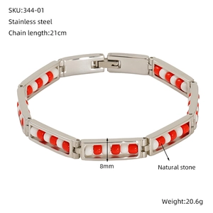 Detailed view of stainless steel beaded bracelet with red and white stones and dimensions