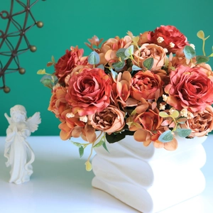European vintage silk rose bouquet in white geometric ceramic vase for home wedding decor