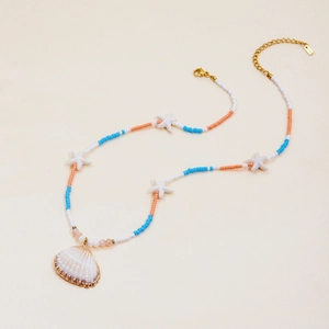 Detail of beaded sea shell necklace with starfish accents and colorful ocean beads