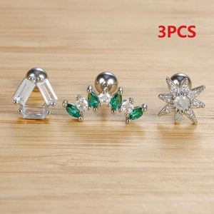 Detailed view of 3pcs silver star and geometric stud earrings set with zircon stones