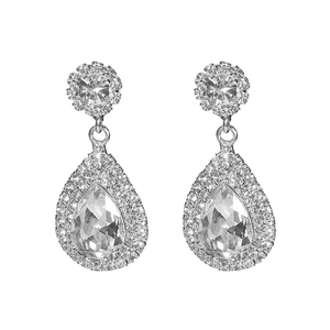 Elegant silver-toned teardrop earrings featuring sparkling rhinestones on a white background