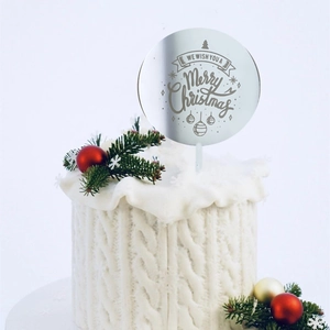 Silver mirror acrylic Merry Christmas cake topper with festive tree and bell engravings