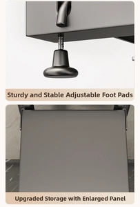 Detail of adjustable non-slip feet and wide support panel on grey kitchen organizer rack