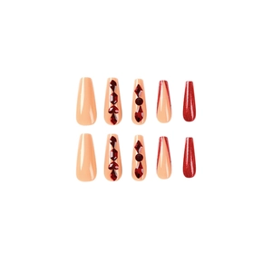 Long coffin press-on nails in nude pink and red glitter with rhinestones design