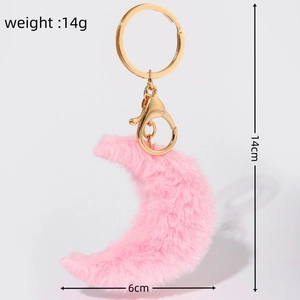 Pink plush moon keychain with gold metal ring and dimensions 14cm length and 14g weight