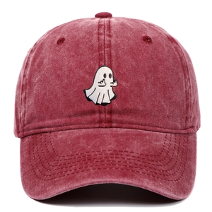 Detail of white ghost embroidery on burgundy washed cotton vintage baseball cap