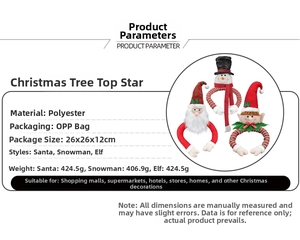 Polyester Christmas tree toppers featuring Santa, snowman, and elf styles with dimensions