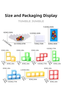 Detailed size specifications for the stacking game balance base and colorful blocks