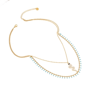 Double layer gold necklace with turquoise beads and crystal-studded snake pendant
