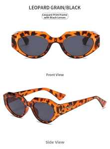 Detailed front and side views of leopard print cat-eye sunglasses with gold metal accents