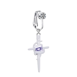 Detail of silver cross ear clip with rectangular purple gemstone and clear zircon accent