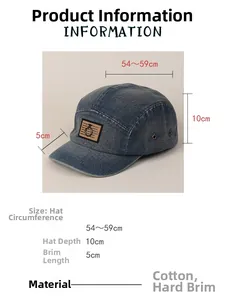 Maattabel voor gewassen denim baseballpet met 54-59 cm omtrek en korte klep van 5 cm