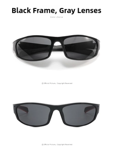 Macro detail of black frame sports sunglasses with gray lenses and non-slip temple texture