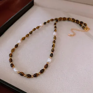 Collier De Perles D'eau Douce Et Oeil De Tigre Style Français Vintage Maillard En Acier Titane Plaqué Bijoux Pour Femmes