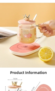 Pink cherry blossom glass mug set with gold crown lid and electric heating coaster