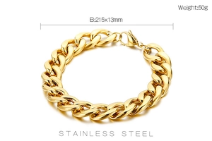 Dettagli del bracciale a catena cubana in acciaio dorato da 13mm con peso e misure 215mm
