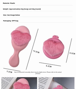 Detailed size specifications for the pink plush heart hairbrush and portable mirror comb set