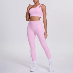 Full view of pink one-shoulder sports bra and high-waisted yoga leggings workout set
