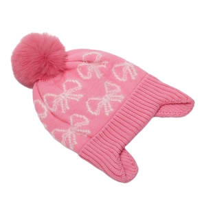 Berretto in maglia rosa per bambine con motivo jacquard a fiocchi e grande pompon in pelliccia