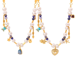 Collier bohème en titane doré avec perles d'eau douce et pendentifs en lapis-lazuli