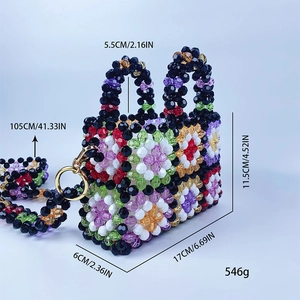 Detail showing dimensions of the handmade checkered bead handbag with its strap and handle