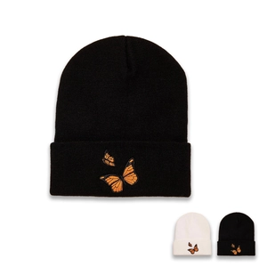 Bonnet En Tricot Avec Broderie Papillon Acrylique Chaud Hiver Bonnet À Revers Mode Streetwear Femmes Hommes