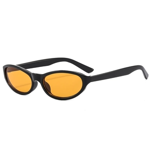 Retro small oval cat eye sunglasses with black frame and orange lenses in 45-degree view