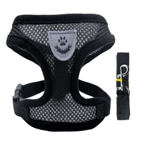 Breathable black mesh pet harness and leash set with reflective shield and metal hook