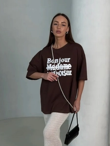 Oversized dark brown cotton T-shirt with Bonjour white lettering and drop shoulder design