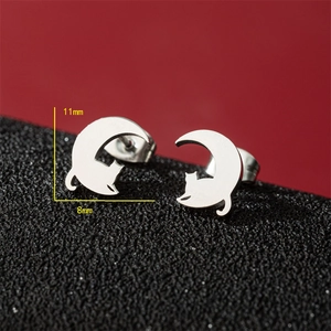 Minimalist silver stainless steel crescent moon and cat stud earrings with 11mm size detail