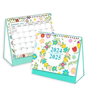2024-2025 creative English desk calendar with metal coil binding and turquoise base