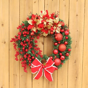 Christmas Wreath Artificial PVC Pine Needle Red Berries Pinecone Fabric Bow Ornaments Front Door Home Party Decor Classic