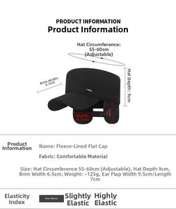 Detailed size specifications of black winter wool flat top hat with earflaps and fleece
