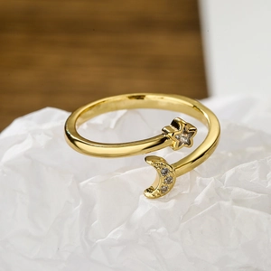Elegant 18K gold plated celestial ring with star and moon zircon crystals for women