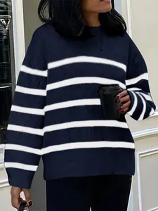 Women V-Back Striped Knit Sweater Casual Long Sleeve V-Neck Loose Polyester Pullover Top For Autumn Winter Streetwear