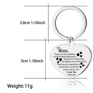 Silver stainless steel heart keychain with black engraved message for mother